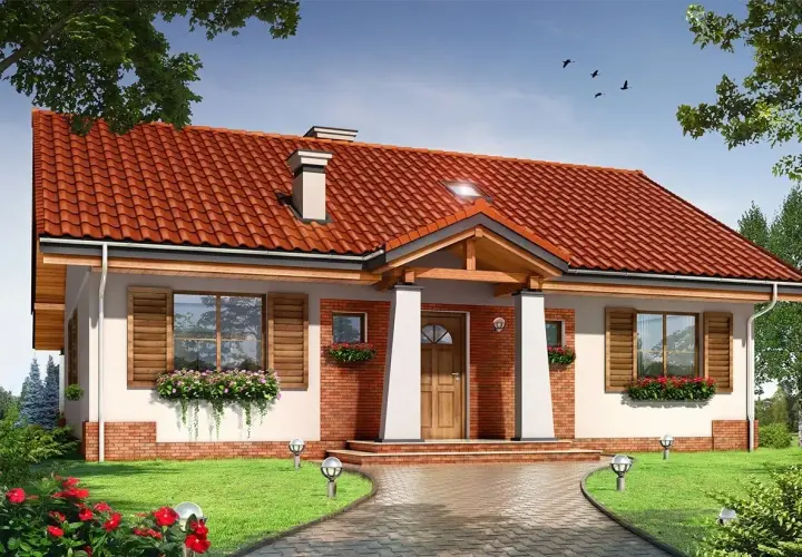 Urokliwy projekt domu Niezapominajka z czerwoną dachówką, białymi kolumnami i drewnianymi okiennicami. Otoczony zielenią i kwiatami.
