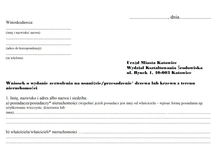Formularz wniosku o zezwolenie na wycinkę drzew lub krzewów z terenu nieruchomości.