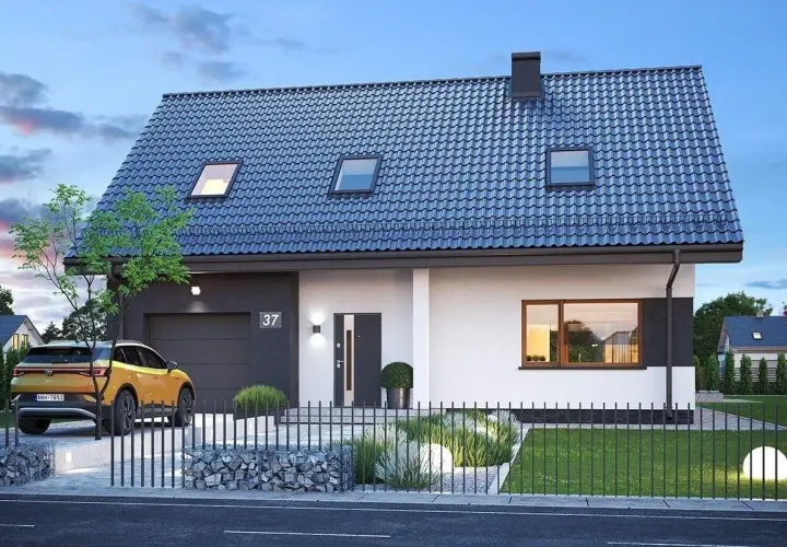 Nowoczesny projekt domu Zefir z garażem, żółtym autem i zadbanym ogrodem.