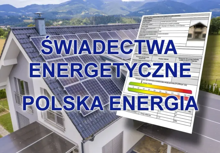 Dom z panelami słonecznymi i dokumentem certyfikat energetyczny mieszkania. Polska energia.