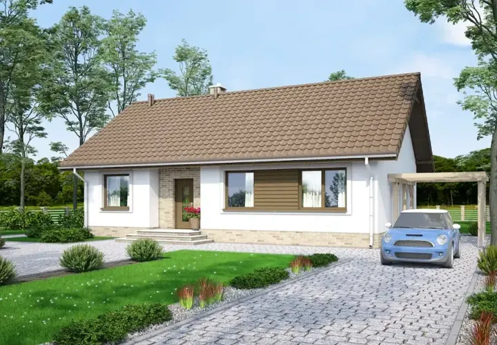 Uroczy dom jednorodzinny, projekt Mokka 3, z niebieskim autkiem pod drewnianą wiatą.