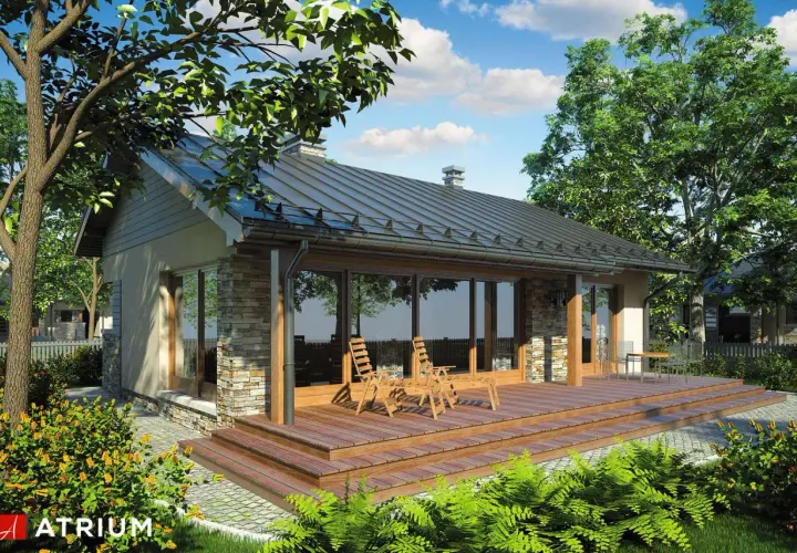 Uroczy projekt domu 40m2 z drewnianym tarasem i kamienną elewacją, otoczony zielenią. Idealne miejsce na relaks.