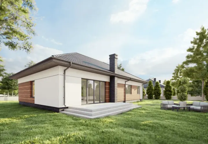 Nowoczesny projekt domu 160m2 z dużymi przeszkleniami i tarasem. W ogrodzie wypoczynkowa strefa z meblami.