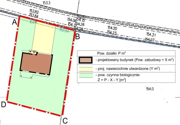 Wypełniony wniosek o warunki zabudowy z zaznaczonym projektowanym budynkiem i terenami zielonymi na mapie.