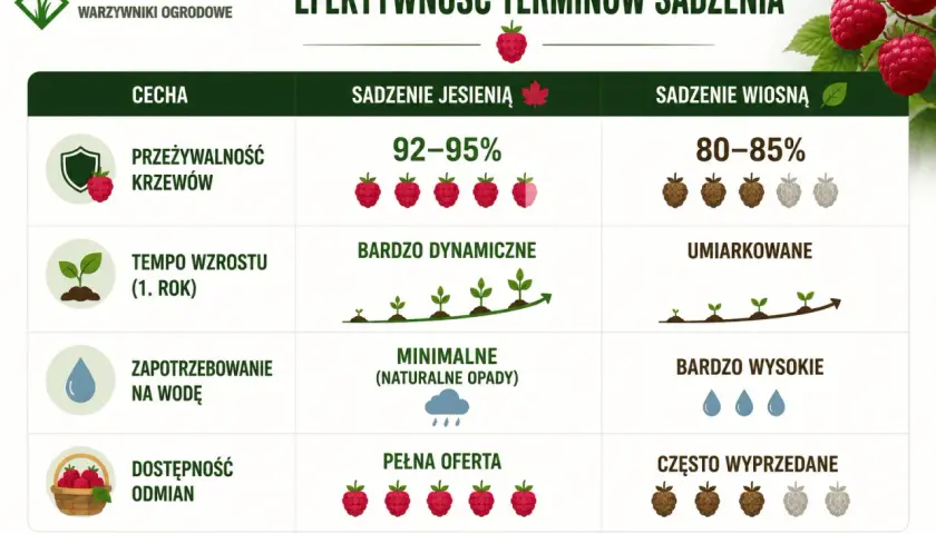 Jesienne sadzenie malin zapewnia 92-95% przeżywalność krzewów, dynamiczny wzrost i pełną ofertę odmian. To naturalnie lepszy wybór!