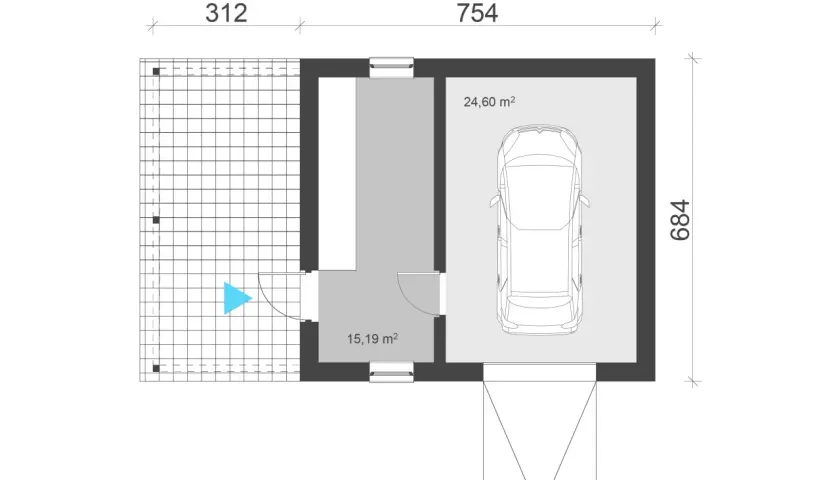 Projekt garażu jednostanowiskowego z miejscem na samochód (24,60 m²) i pomieszczeniem gospodarczym (15,19 m²).