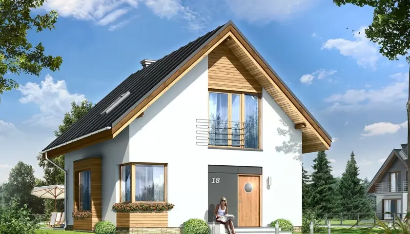 Nowoczesny dom z drewna i białego tynku, projekt domu Gucio, z dużymi oknami i balkonem.