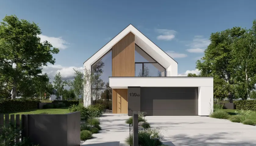 Nowoczesny projekt domu 6 pokoi z dużymi przeszkleniami i drewnianymi elementami. Elegancka bryła, garaż i zadbany ogród.
