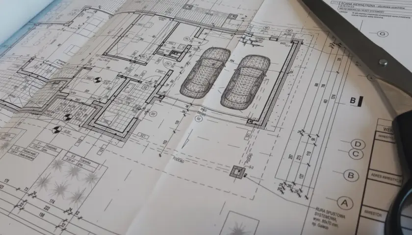 Projekt architektoniczno budowlany domu z garażem, z widokiem na plany i nożyczki.