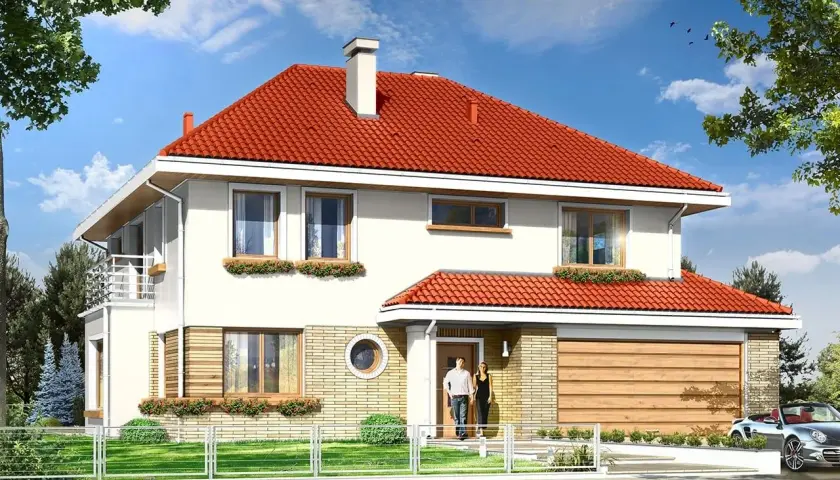 Elegancki projekt domu Orchidea z czerwoną dachówką i dużymi oknami. Para stoi przed wejściem, obok garaż i sportowy samochód.