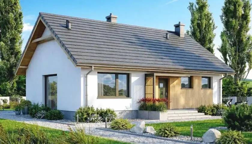 Nowoczesny dom 100m2 z garażem, z białym tynkiem i drewnianymi elementami, otoczony zielenią.