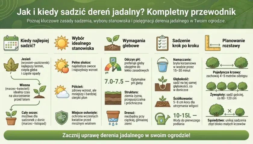Jesień to najlepszy czas na sadzenie derenia jadalnego, gdy ziemia jest ciepła i wilgotna. Krzewy potrzebują żyznej, przepuszczalnej gleby.