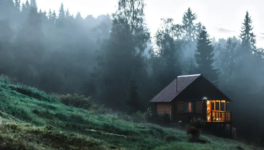 Przytulny domek z drewna, idealny na działkę leśną, otoczony mglistym lasem i zielonym zboczem.