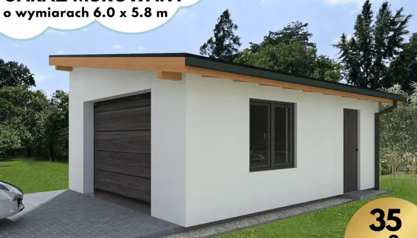Nowoczesny garaż murowany projekt o wymiarach 6.0 x 5.8 m, z bramą garażową, oknem i drzwiami.