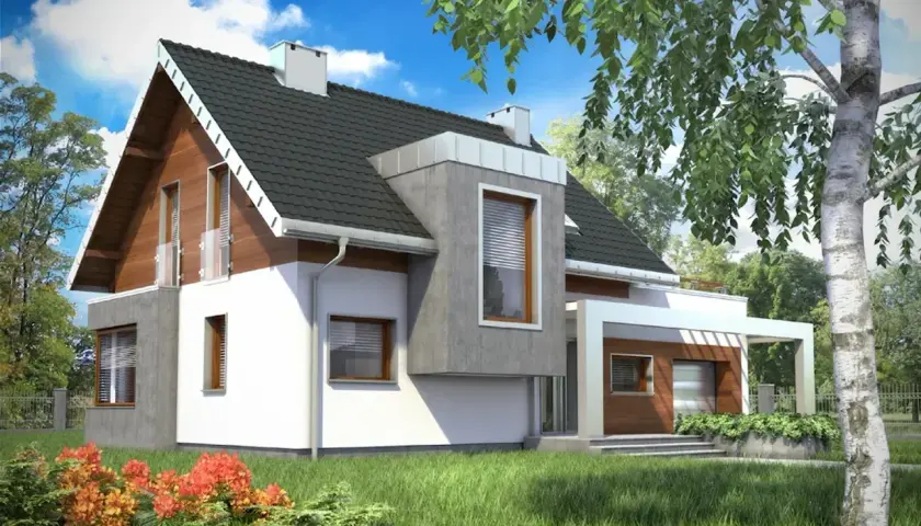 Nowoczesny dom z drewnianymi elementami i betonem, idealny dla rodziny. Projekt domu Lara to marzenie o własnym kącie.