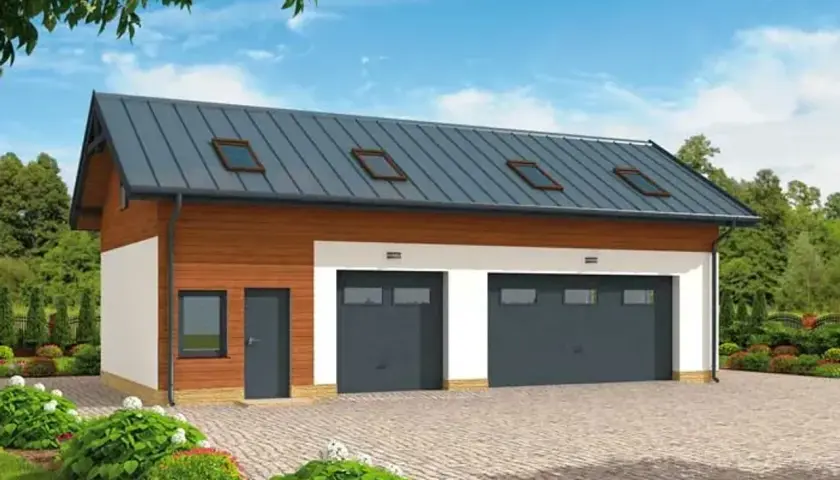 Nowoczesny projekt garażu z poddaszem użytkowym, dwustanowiskowy, z drewnianą elewacją i dachówką.