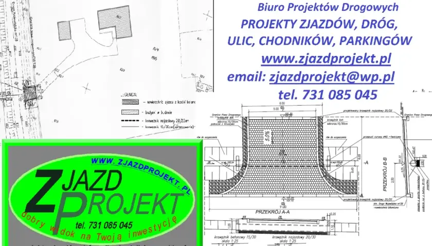 Projekt budowy zjazdu na działkę z kostki betonowej, z krawężnikami i odwodnieniem. Zjazd z projektu Zjazdprojekt.