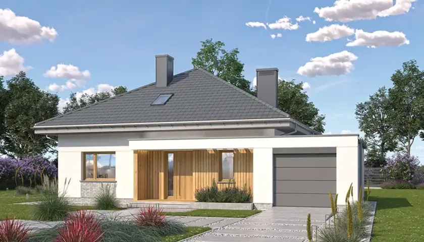Nowoczesny projekt domu w lilakach, z garażem i wejściem osłoniętym drewnianą pergolą. Otoczony zielenią i kwitnącymi krzewami.