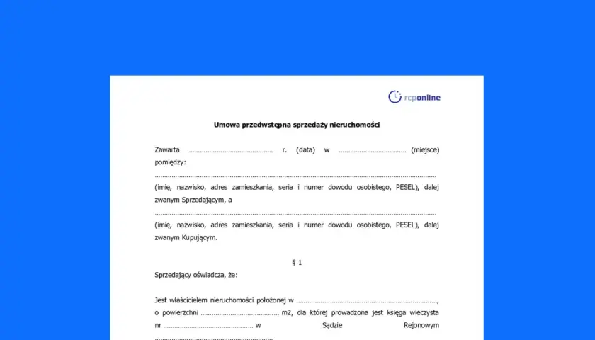 Umowa przedwstępna sprzedaży nieruchomości, zawierająca dane sprzedającego i kupującego, powierzchnię działki oraz numer księgi wieczystej.