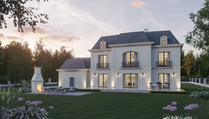 Elegancki projekt domu willa z ogrodem, tarasem i kominkiem zewnętrznym. Wnętrza oświetlone, zapraszające do odpoczynku.