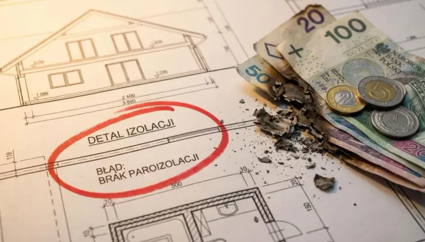 Błąd w projekcie budowlanym: brak paroizolacji. Spalone pieniądze symbolizują koszty naprawy. Różne przegrody budowlane rodzaje wymagają starannego planowania.