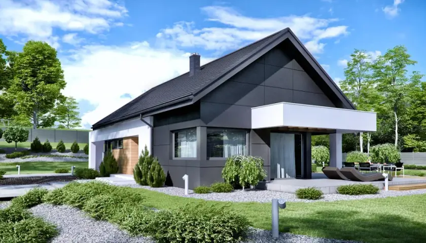 Nowoczesny dom, projekt home koncept 44, z czarną elewacją i białymi detalami, otoczony zielenią i zadbanym ogrodem.