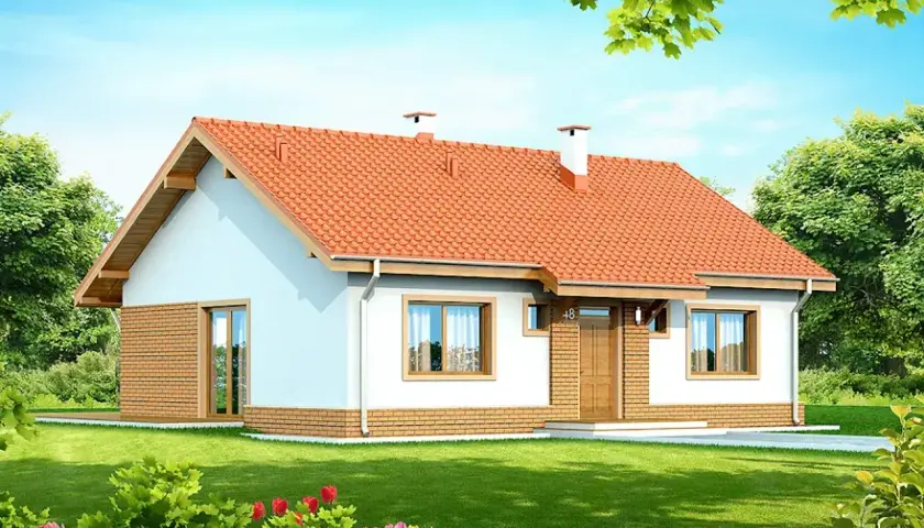 Urokliwy dom jednorodzinny, projekt domu Santia, z czerwonym dachem i ceglanymi detalami, otoczony zielonym ogrodem z kwitnącymi tulipanami.