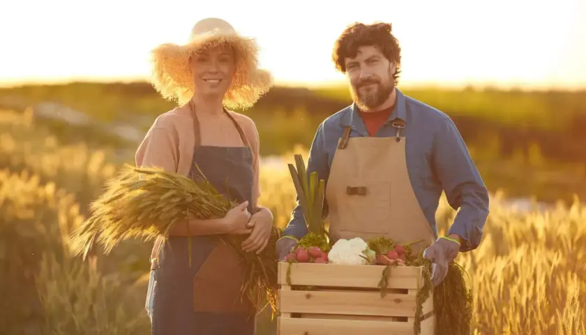 Rolnicy z plonami: zboże, warzywa. To, co rolnik może sprzedać bez podatku, to świeże produkty prosto z pola.