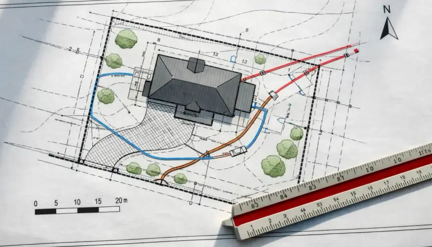 Projekt zagospodarowania terenu z domem, drogą dojazdową, drzewami i zaznaczonymi instalacjami. Linijka geodezyjna podkreśla skalę.