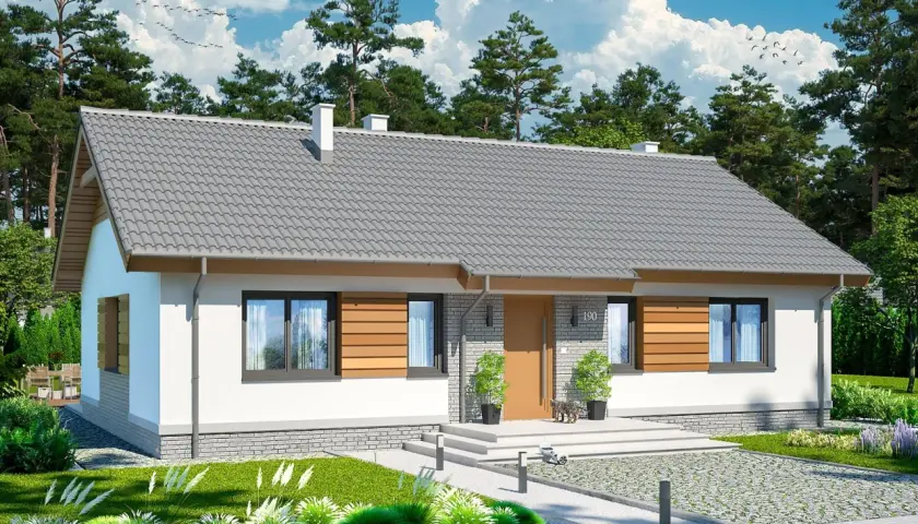 Uroczy, nowoczesny dom parterowy do 50m2 z drewnianymi elementami i zadbanym ogrodem.