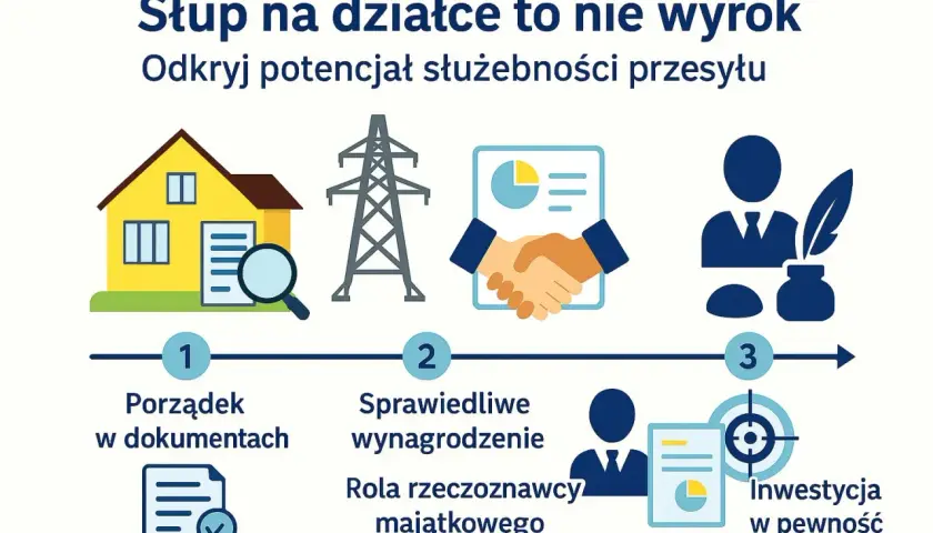 Ilustracja pokazuje kroki do ustalenia, ile żądać za służebność przesyłu: porządek w dokumentach, sprawiedliwe wynagrodzenie i inwestycja w pewność prawną.