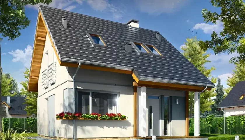 Nowoczesny projekt domu mikrus z szarym dachem, oknami dachowymi i kwiecistą skrzynką pod oknem.