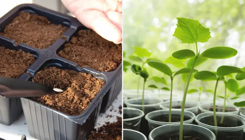 Sadzenie ogórków: ręka z nasionami nad doniczką z ziemią i młode sadzonki ogórków w plastikowych kubeczkach.