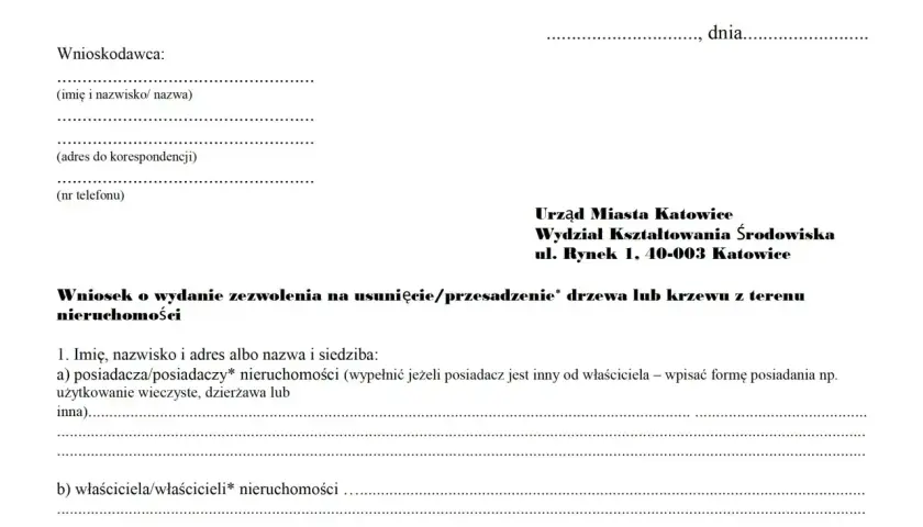 Formularz wniosku o zezwolenie na wycinkę drzew lub krzewów z terenu nieruchomości.