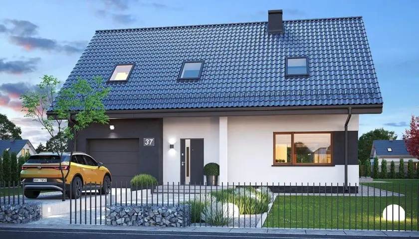 Nowoczesny projekt domu Zefir z garażem, żółtym autem i zadbanym ogrodem.