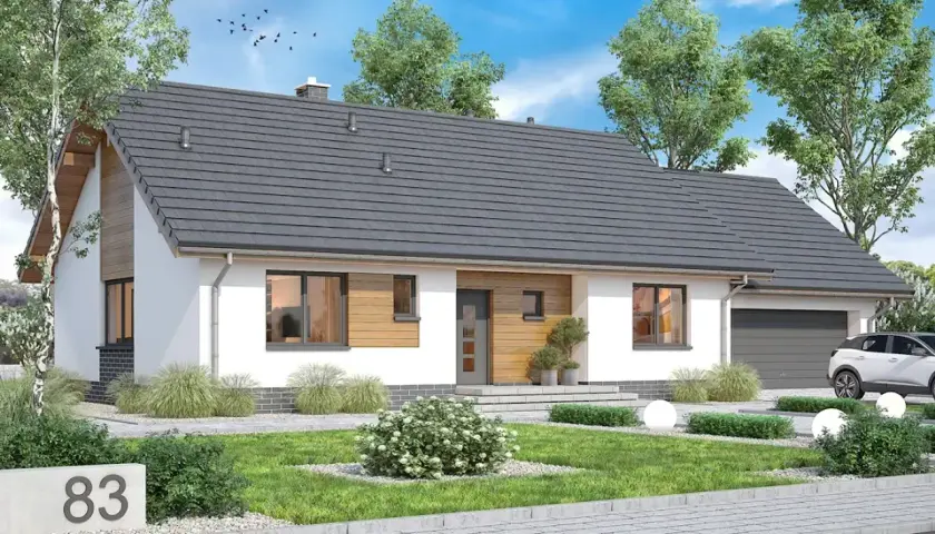 Nowoczesny dom jednorodzinny, projekt Mokka 5, z białym tynkiem, drewnianymi elementami i szarym dachem.