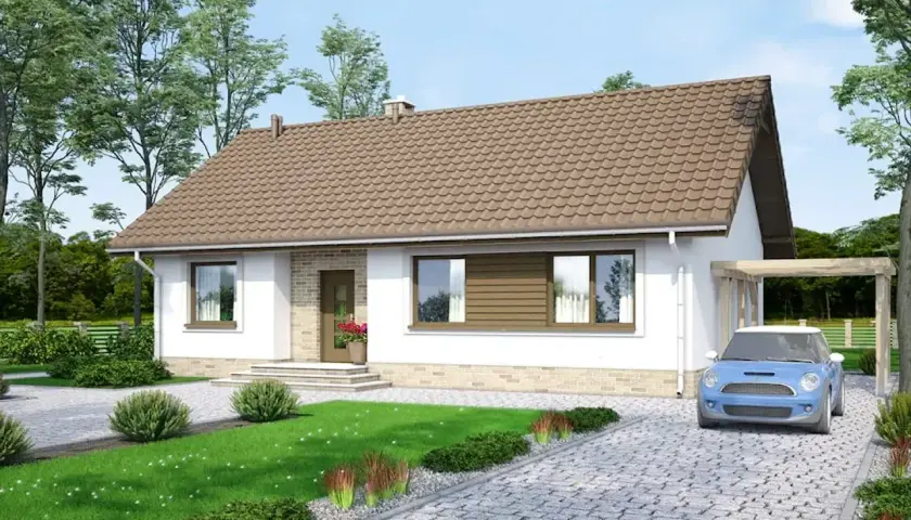 Uroczy dom jednorodzinny, projekt Mokka 3, z niebieskim autkiem pod drewnianą wiatą.