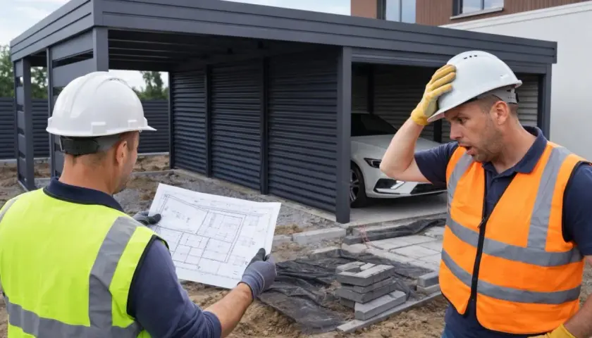 Dwóch budowlańców analizuje projekt garażu z wiatą. Jeden trzyma plany, drugi z niedowierzaniem łapie się za głowę.