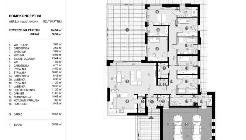Rzut parteru projektu domu rodzinnego HOMEKONCEPT 68 z garażem.