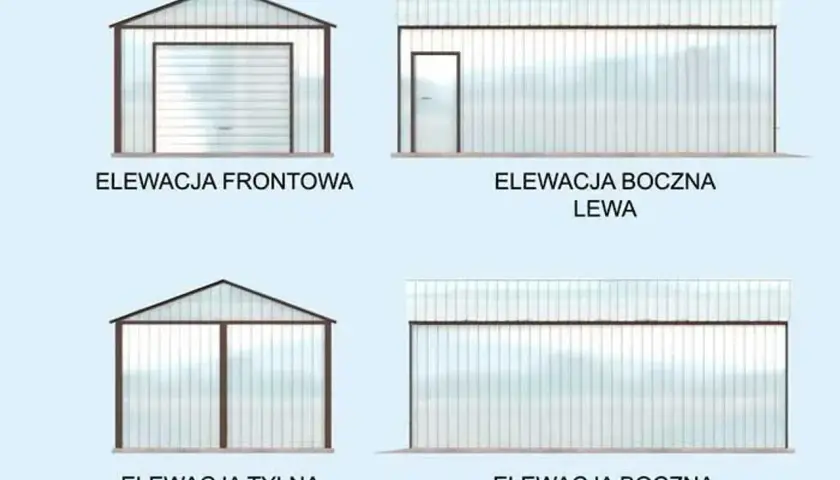 Różne elewacje projektu garażu blaszanego: frontowa z bramą, tylna z dwoma skrzydłami, lewa i prawa z drzwiami.