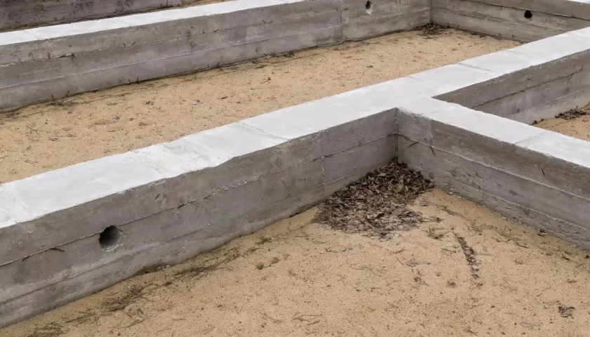 Betonowe fundamenty, czyli stan zero budynku, tworzą zarys przyszłego domu. Piasek i suche liście wypełniają przestrzeń.