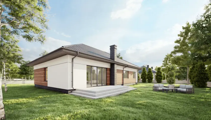 Nowoczesny projekt domu 160m2 z dużymi przeszkleniami i tarasem. W ogrodzie wypoczynkowa strefa z meblami.