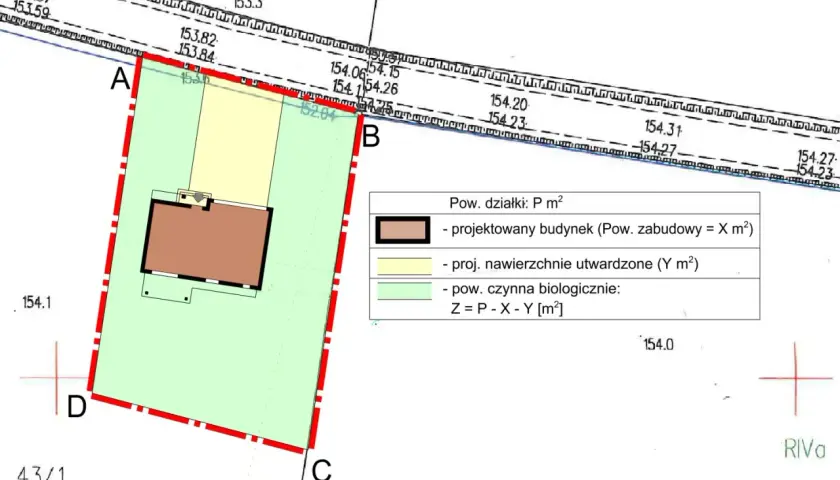 Wypełniony wniosek o warunki zabudowy z zaznaczonym projektowanym budynkiem i terenami zielonymi na mapie.