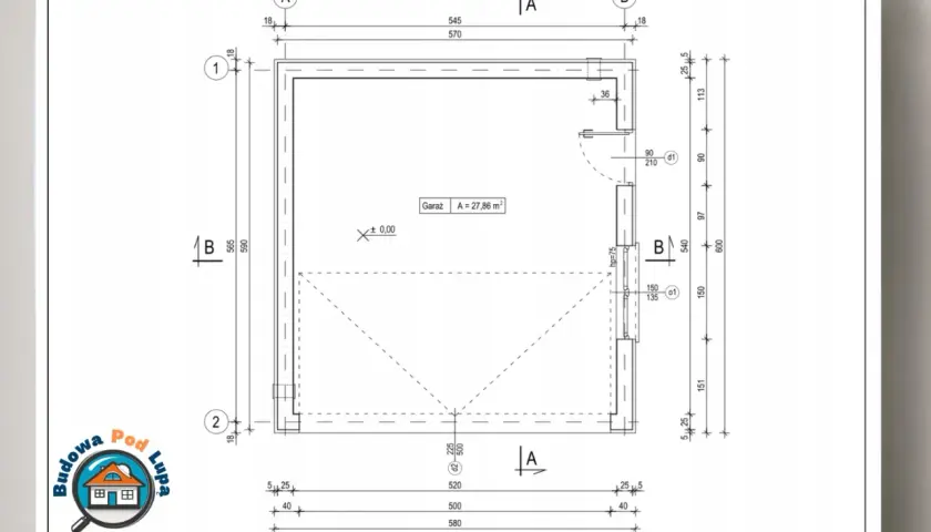 Plan budowlany przedstawia projekt garażu o powierzchni 27,86 m². Widoczne są wymiary zewnętrzne i wewnętrzne, oznaczenia osi oraz poziomu zerowego.