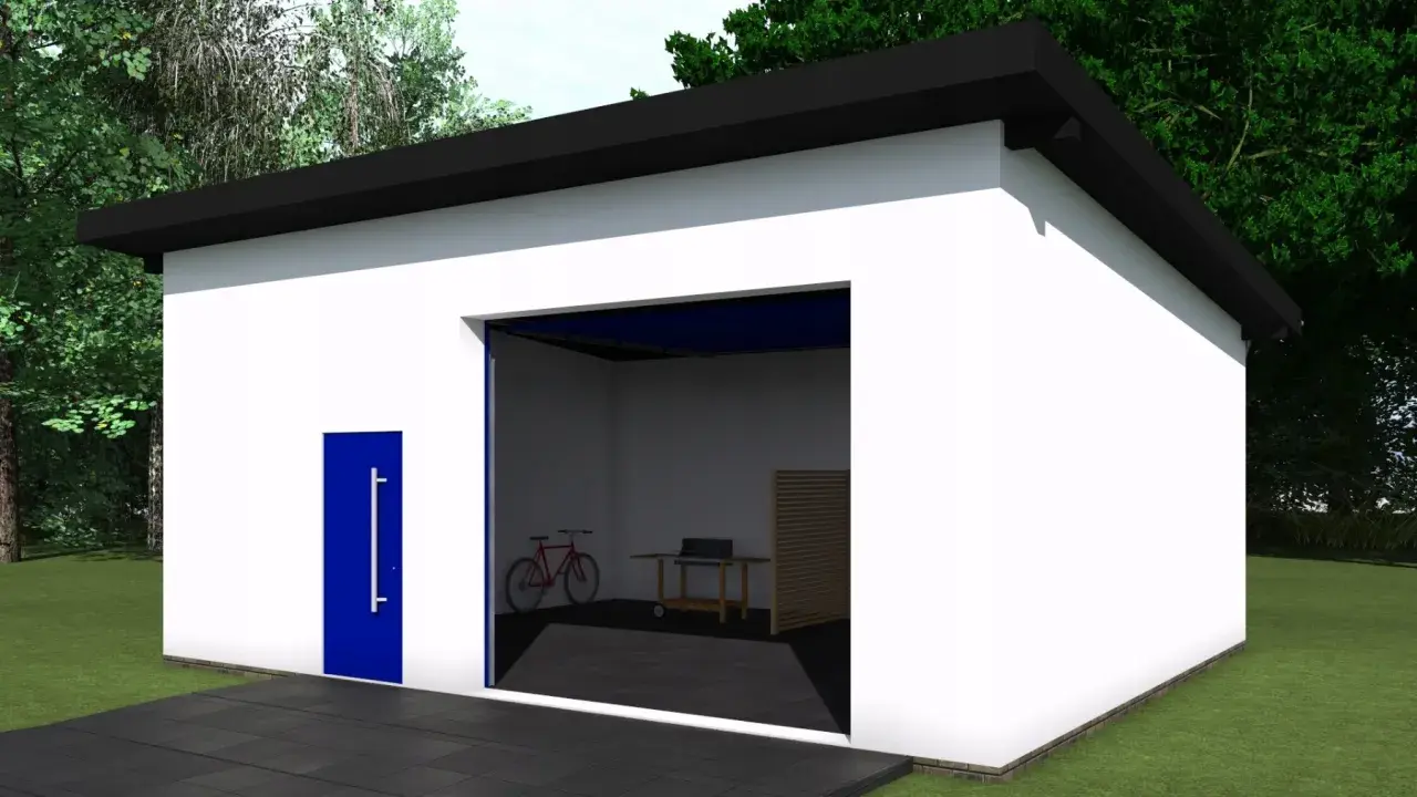 Nowoczesny projekt budynku gospodarczego jednospadowego z niebieskimi drzwiami i otwartą bramą, w której widać rower i grill.