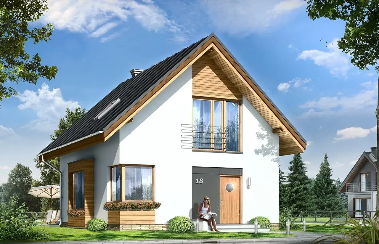 Nowoczesny dom z drewna i białego tynku, projekt domu Gucio, z dużymi oknami i balkonem.