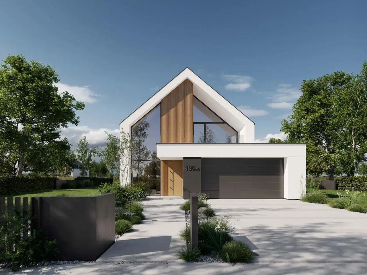 Nowoczesny projekt domu 6 pokoi z dużymi przeszkleniami i drewnianymi elementami. Elegancka bryła, garaż i zadbany ogród.