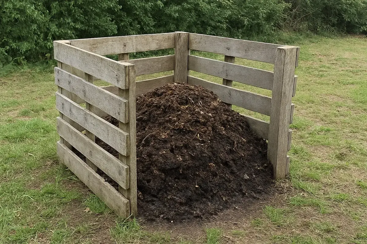 Drewniany kompostownik wypełniony ziemią i resztkami organicznymi. Prosty sposób, jak zrobić kompostownik w ziemi.