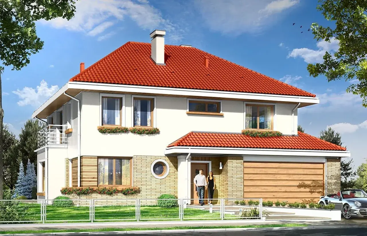 Elegancki projekt domu Orchidea z czerwoną dachówką i dużymi oknami. Para stoi przed wejściem, obok garaż i sportowy samochód.