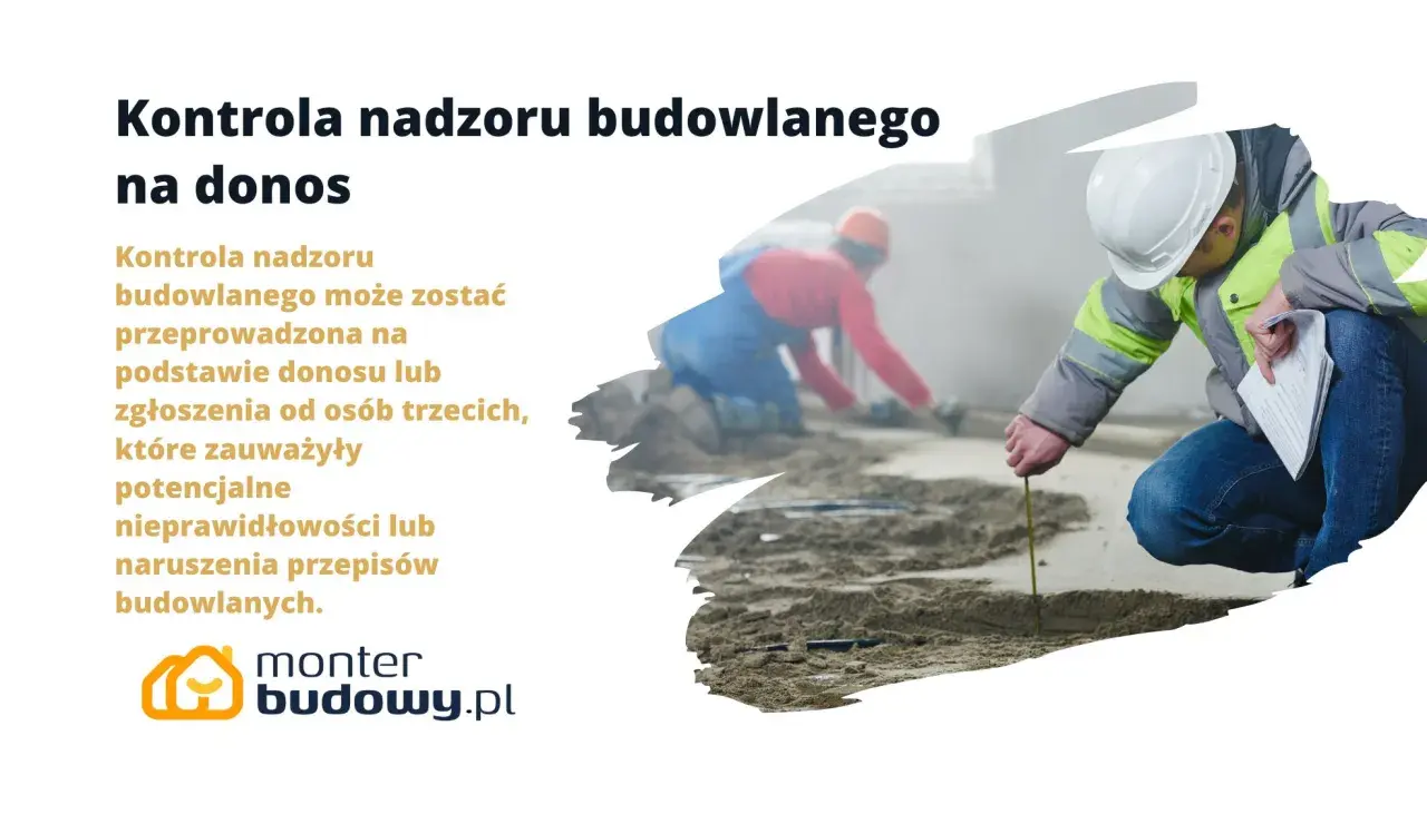 Kontrola nadzoru budowlanego na donos. Inspektor mierzy teren budowy, gdzie inny pracownik wykonuje prace.